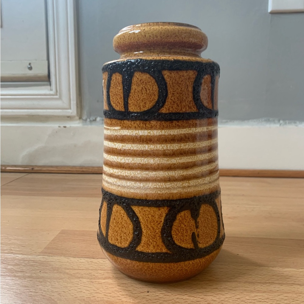 Vintage Scheurich Ceramic Vase Geometric Design Tan, Brown Cream mint condition